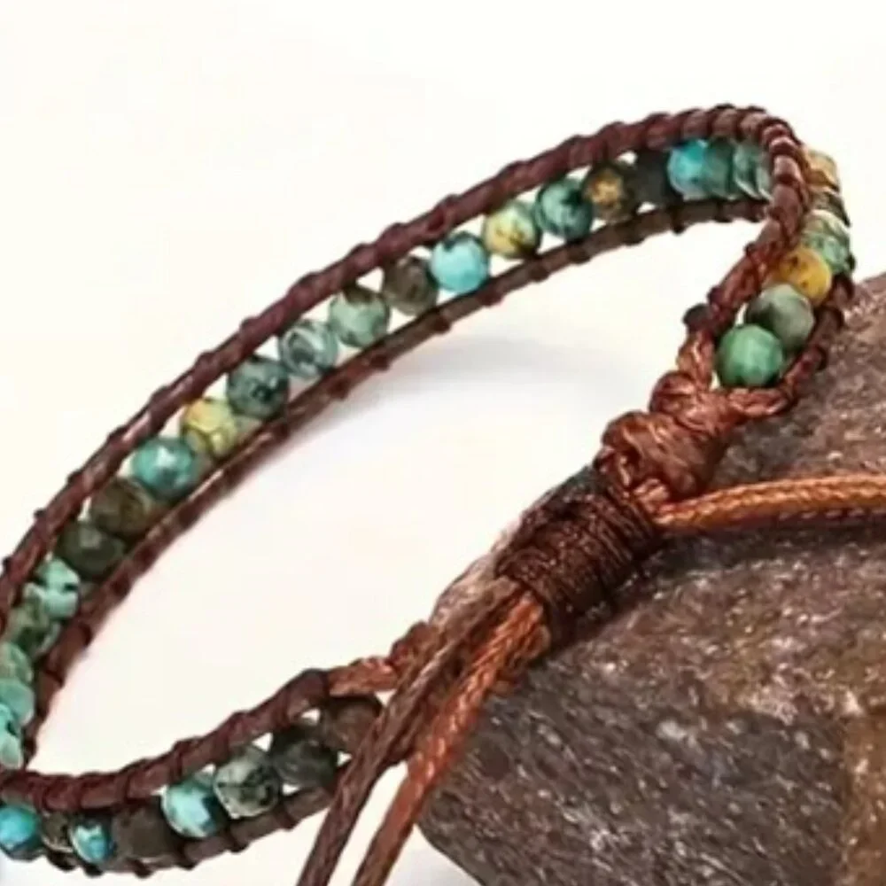 Natural African Turquoise Bead Adjustable Wax Cord Anklet or Bracelet